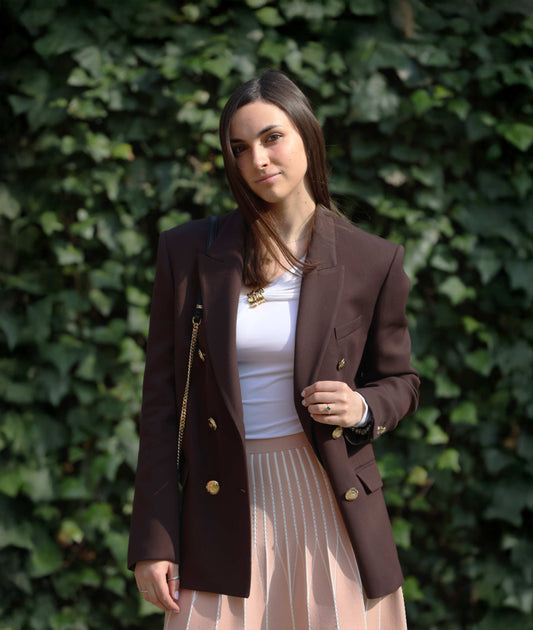 Elisabetta Franchi - Giacca doppio petto marrone | Gonna a ruota tessuto Punto Milano in viscosa | Elisabetta Franchi - Borsa