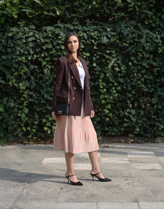 Elisabetta Franchi - Giacca doppio petto marrone | Gonna a ruota tessuto Punto Milano in viscosa | Elisabetta Franchi - Borsa