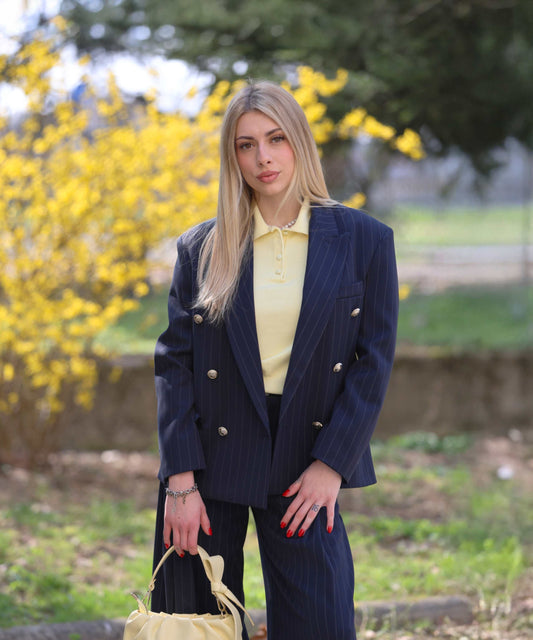 Vicolo - Completo gessato blu e polo | Ovye - Décolleté | J. Dembar - Borsa