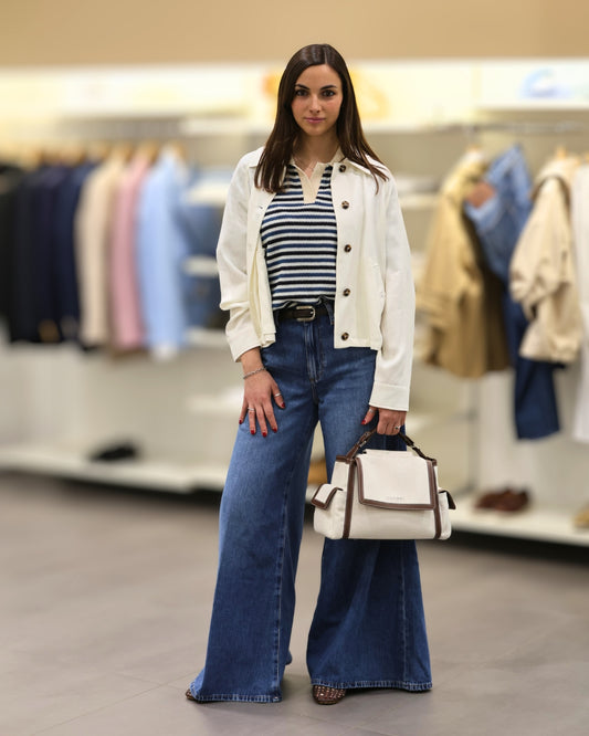 Emme - Camicia burro | Woolrich - Polo | Liu Jo - Jeans largo | Scarpa con cinturino marrone | Orciani - Borsa