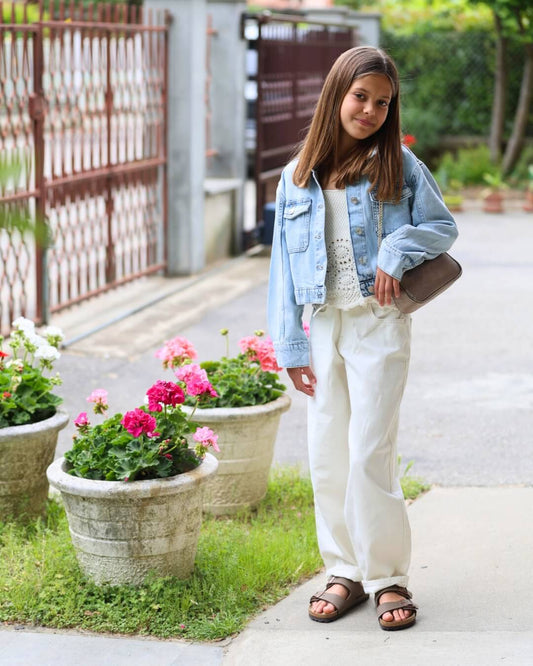 Only - Jeans barrel, giubbotto jeans bleach | Benetton - Canotta crochet | Birkenstock - Arizona Mocca | J. Dembar - Tracolla