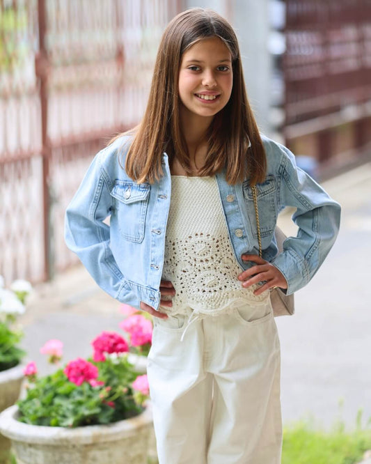 Only - Jeans barrel, giubbotto jeans bleach | Benetton - Canotta crochet | Birkenstock - Arizona Mocca | J. Dembar - Tracolla